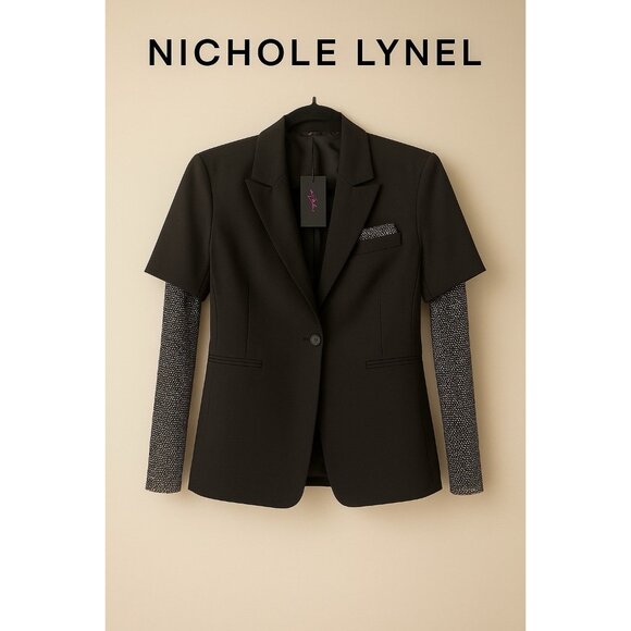 Nichole Lynel Black Rhinestone Blazer Jacket Women’s Small NWT Mesh Crystal Slee - Picture 1 of 14